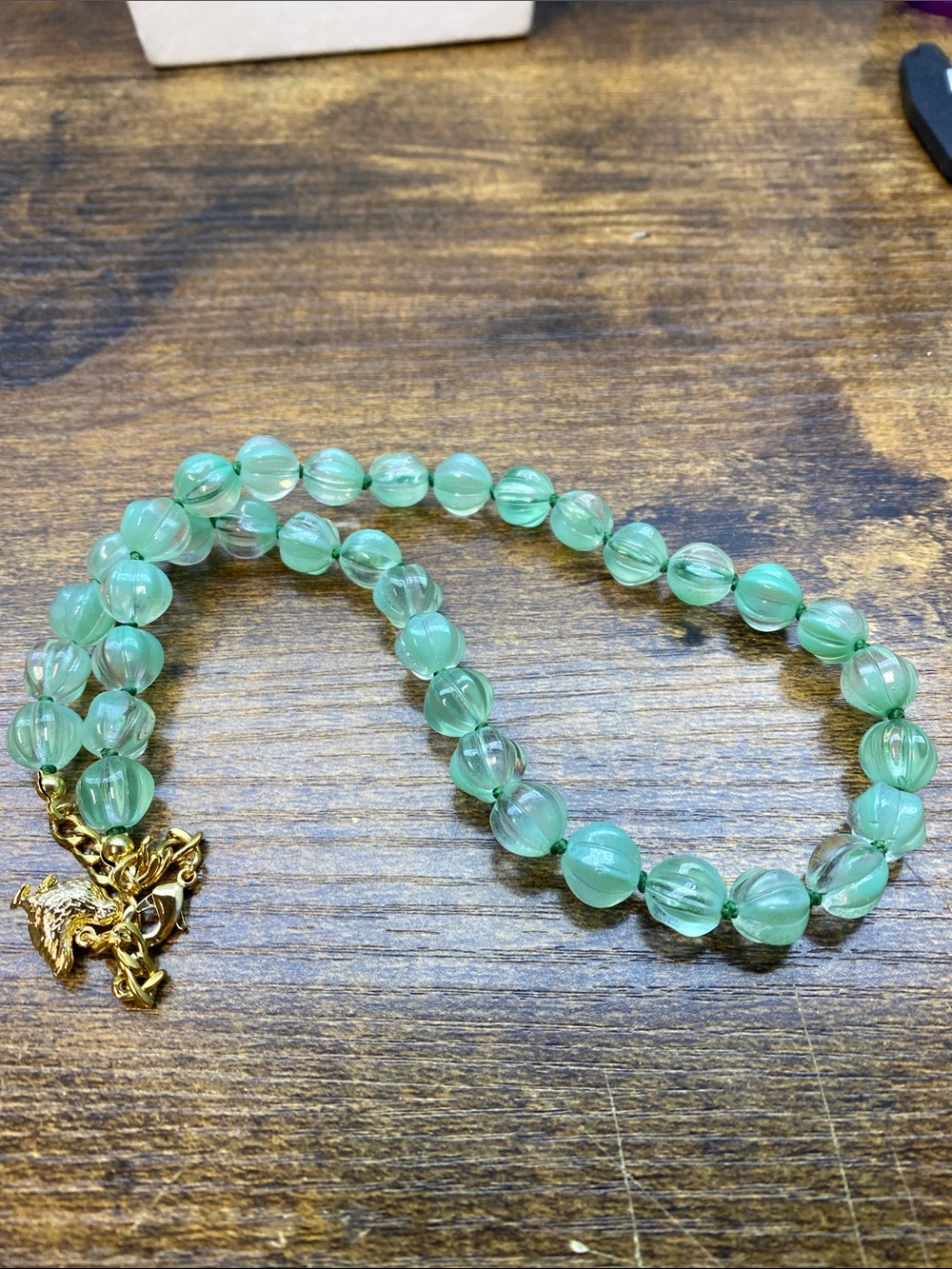 Pumpkin Green Glass Bead Necklace 18 inch Aprilsplace hand knotted - Picture 4 of 5